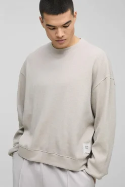 Fashion boohooMAN Extended Neck Boxy Man Woven Tab Waffle Sweatshirt stone