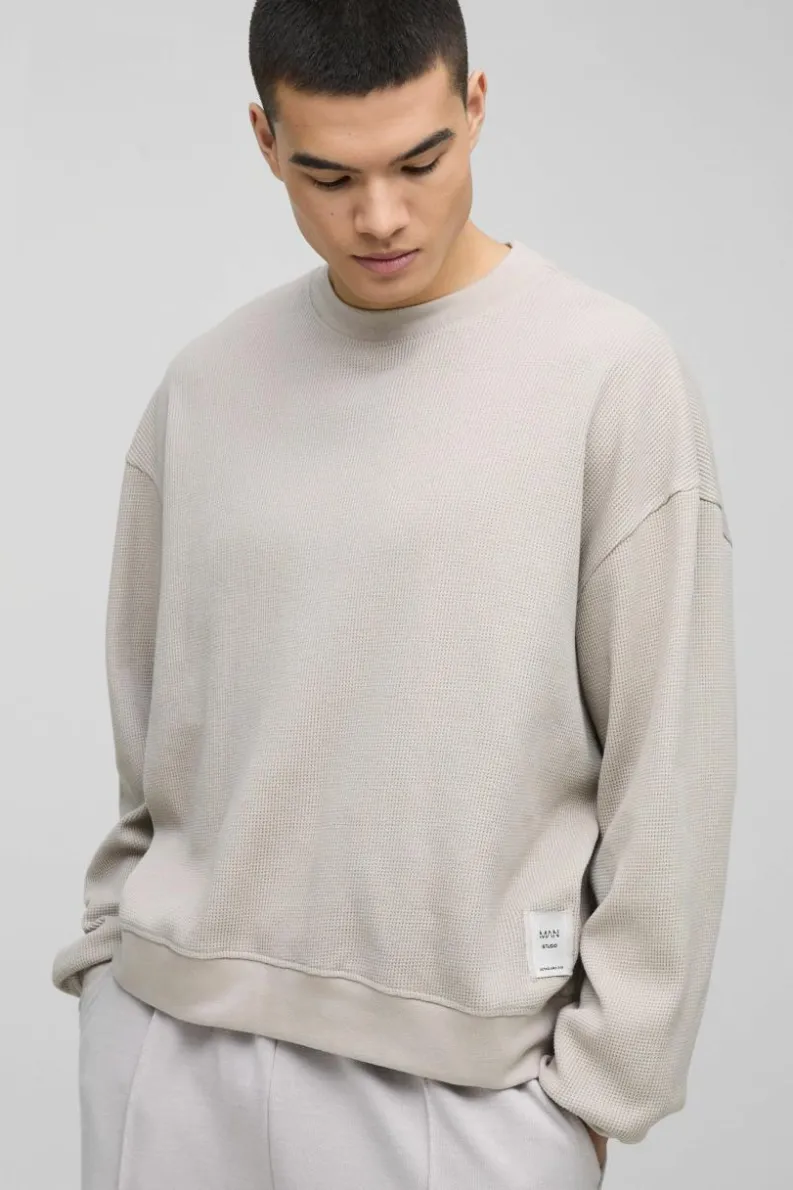Fashion boohooMAN Extended Neck Boxy Man Woven Tab Waffle Sweatshirt stone