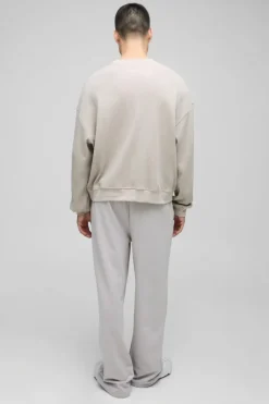 Fashion boohooMAN Extended Neck Boxy Man Woven Tab Waffle Sweatshirt stone