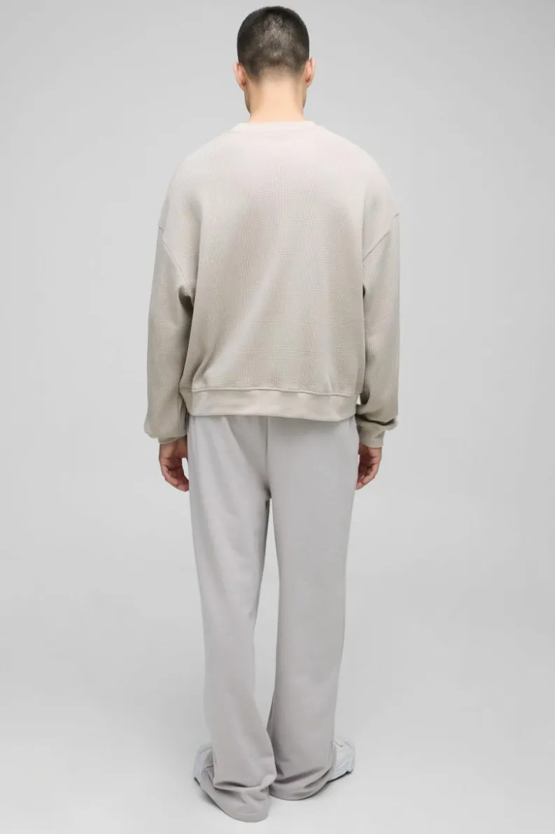 Fashion boohooMAN Extended Neck Boxy Man Woven Tab Waffle Sweatshirt stone