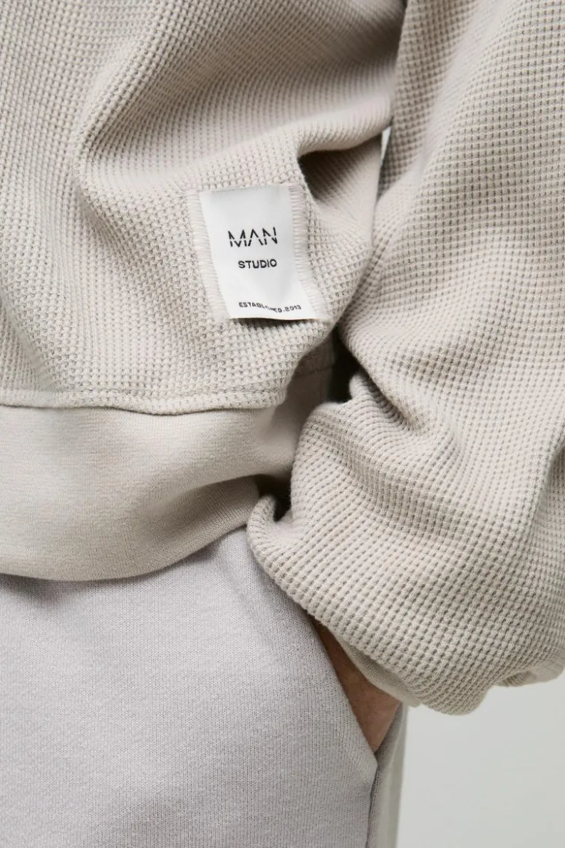 Fashion boohooMAN Extended Neck Boxy Man Woven Tab Waffle Sweatshirt stone