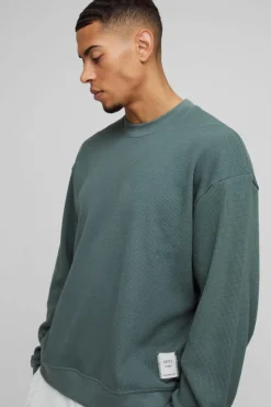 Discount boohooMAN Extended Neck Boxy Man Woven Tab Waffle Sweatshirt forest