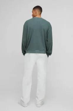 Discount boohooMAN Extended Neck Boxy Man Woven Tab Waffle Sweatshirt forest
