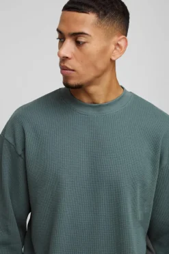 Discount boohooMAN Extended Neck Boxy Man Woven Tab Waffle Sweatshirt forest