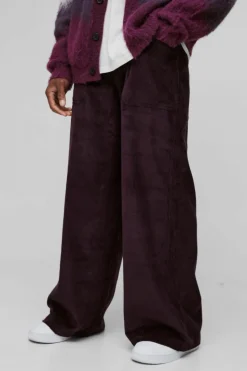 Hot boohooMAN Extreme Baggy Corduroy Trouser plum
