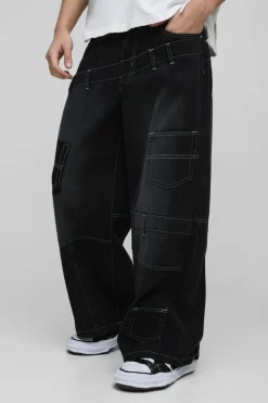 Online boohooMAN Extreme Baggy Panelled Deconstructed Jeans washed black