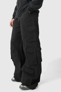 Shop boohooMAN Extreme Baggy Rigid Multi Cargo Pocket Trousers black