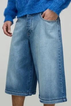 Cheap boohooMAN Extreme Baggy Rigid Zip Off Leg Cross Embroidery Denim Jeans light blue