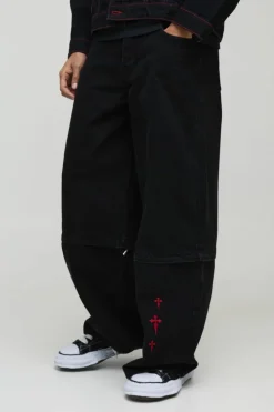 Cheap boohooMAN Extreme Baggy Rigid Zip Off Leg Cross Embroidery Denim Jeans washed black