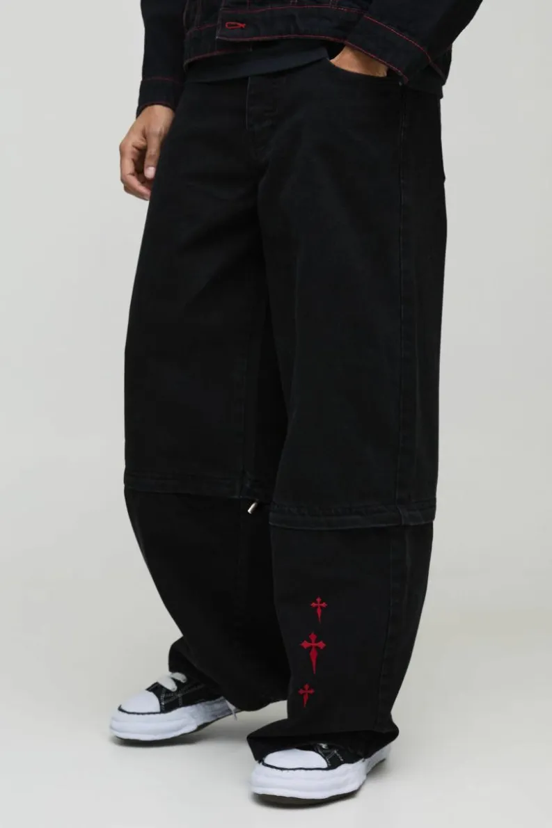 Cheap boohooMAN Extreme Baggy Rigid Zip Off Leg Cross Embroidery Denim Jeans washed black