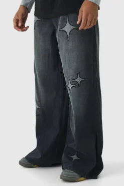 Sale boohooMAN Extreme Baggy Star Applique Jeans washed black