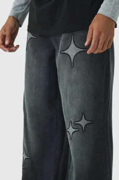 Sale boohooMAN Extreme Baggy Star Applique Jeans washed black