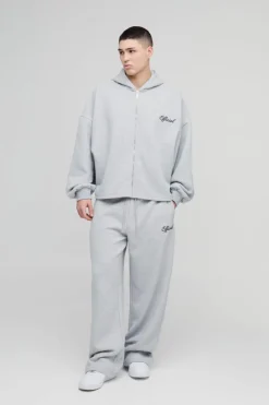 Online boohooMAN Extreme Oversized Boxy Zip Through Hoodie & Wide Leg Tracksuit grey marl