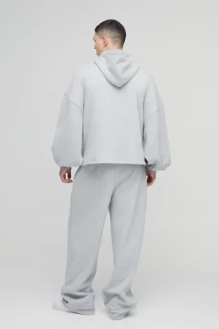 Online boohooMAN Extreme Oversized Boxy Zip Through Hoodie & Wide Leg Tracksuit grey marl