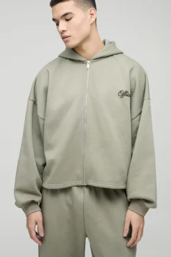Store boohooMAN Extreme Oversized Boxy Zip Through Hoodie & Wide Leg Tracksuit khaki
