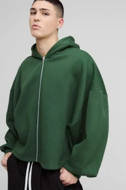 Hot boohooMAN Extreme Oversized Boxy Zip Through Hoodie forest
