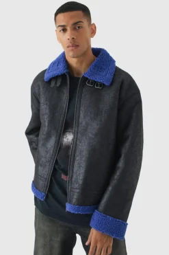 Clearance boohooMAN Extreme Oversized Faux Suede Aviator Jacket In black