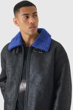 Clearance boohooMAN Extreme Oversized Faux Suede Aviator Jacket In black