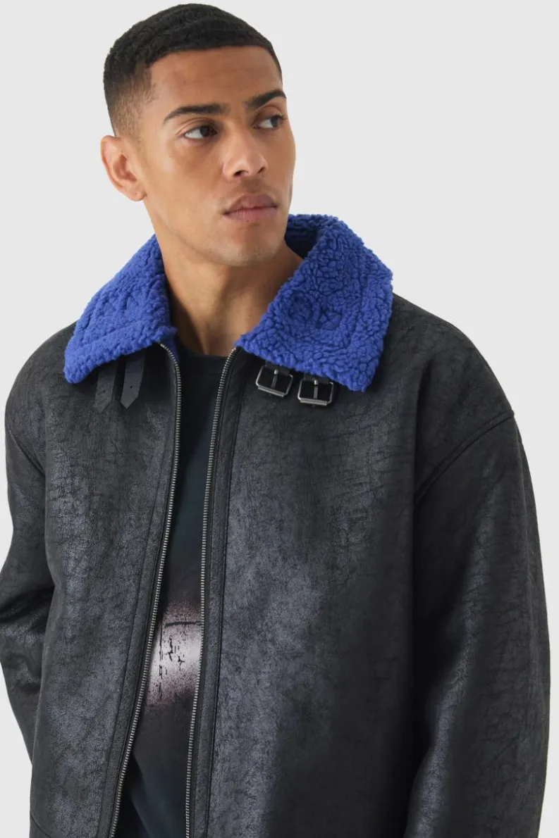 Clearance boohooMAN Extreme Oversized Faux Suede Aviator Jacket In black
