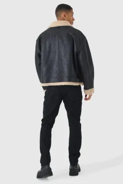 Hot boohooMAN Extreme Oversized Faux Suede Aviator Jacket In black
