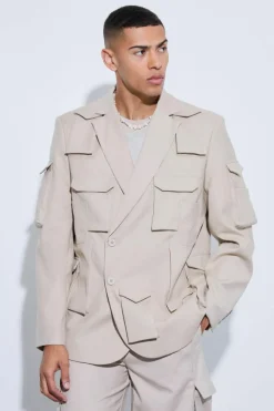 Clearance boohooMAN Extreme Pocket Oversized Blazer stone