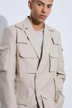 Clearance boohooMAN Extreme Pocket Oversized Blazer stone