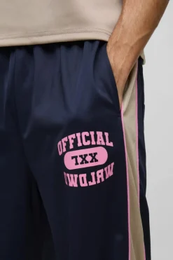 Online boohooMAN Extreme Wide Leg Graphic Tricot Joggers navy