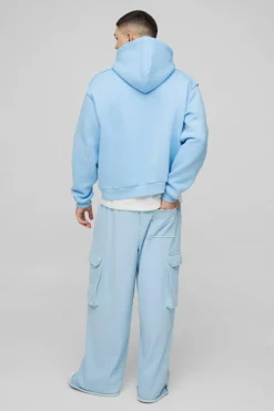 Discount boohooMAN Extreme Wide Leg Raw Edge Loopback Cargo Jogger light blue