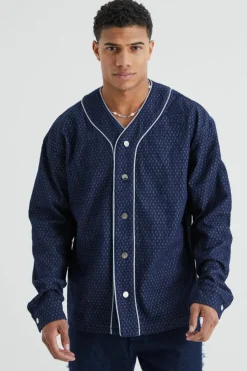 Sale boohooMAN Fabric Interest Baseball Denim Shirt dark blue