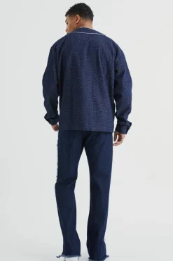 Sale boohooMAN Fabric Interest Baseball Denim Shirt dark blue