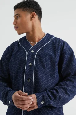 Sale boohooMAN Fabric Interest Baseball Denim Shirt dark blue