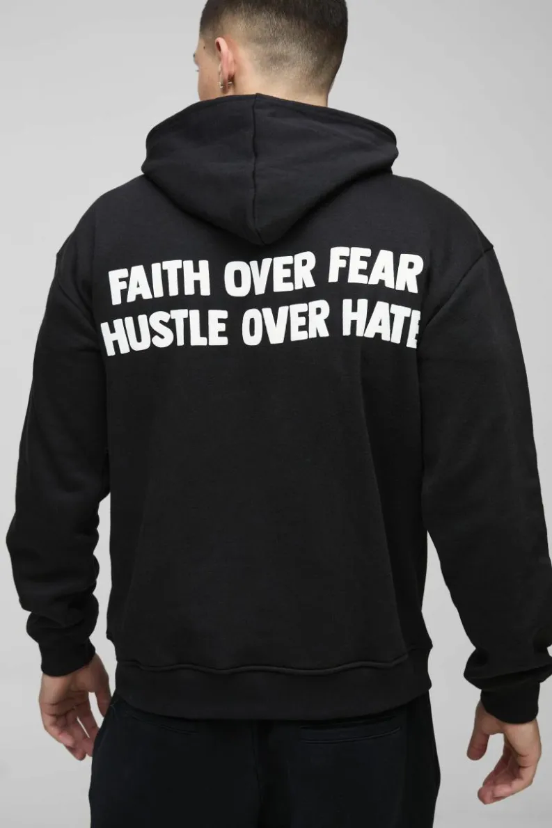 Cheap boohooMAN Faith Over Fear Text Puff Print Graphic Hoodie black