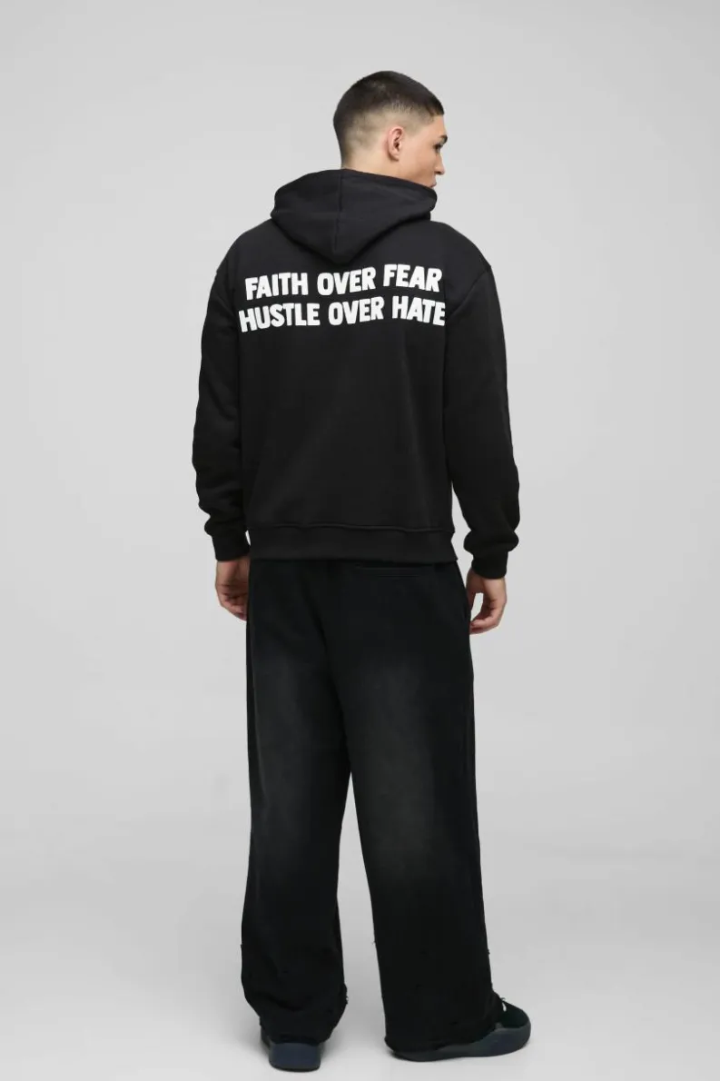 Cheap boohooMAN Faith Over Fear Text Puff Print Graphic Hoodie black
