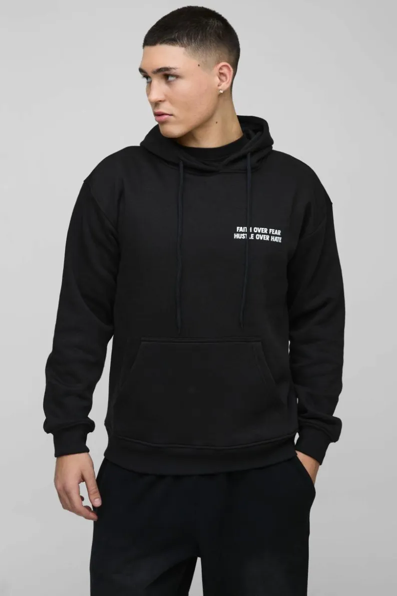 Cheap boohooMAN Faith Over Fear Text Puff Print Graphic Hoodie black