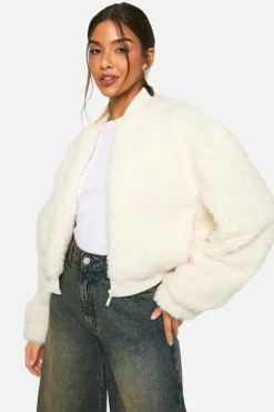 Shop boohoo Faux Fur Bomber Jacket white