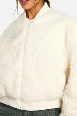 Shop boohoo Faux Fur Bomber Jacket white