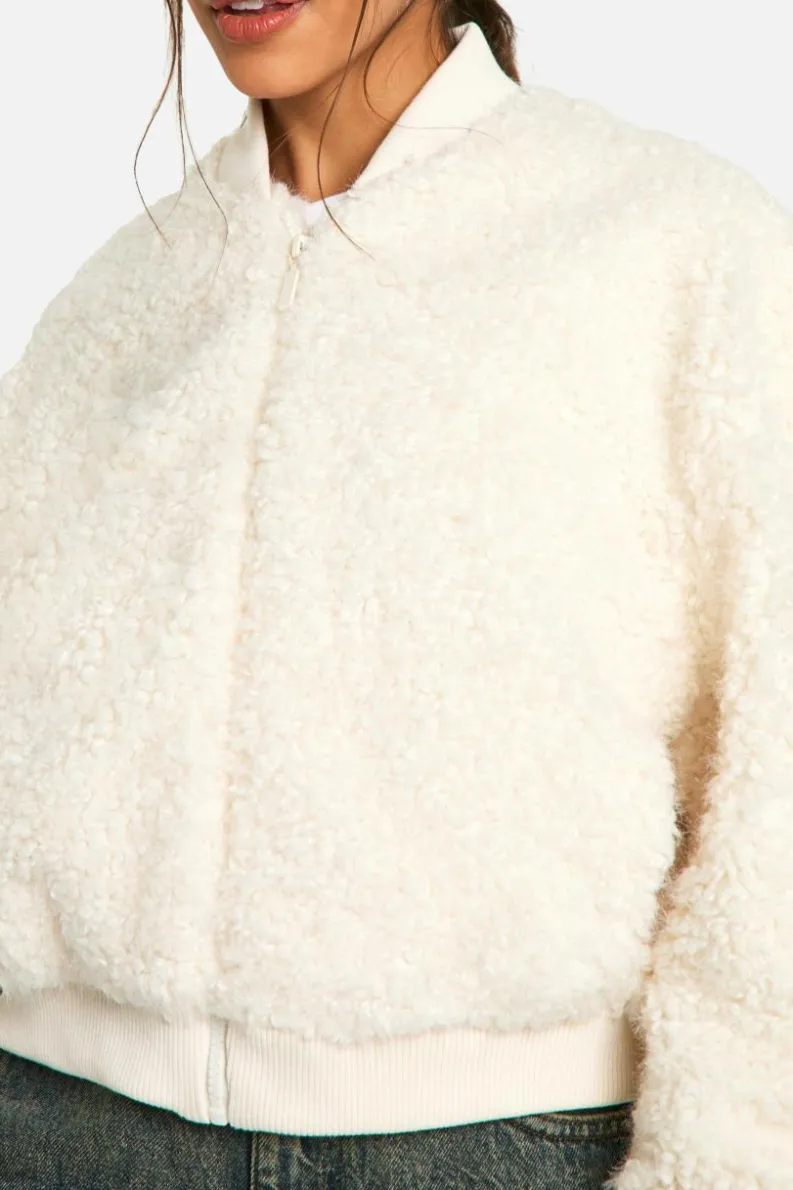 Shop boohoo Faux Fur Bomber Jacket white