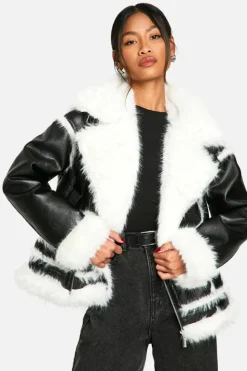 Outlet boohoo Faux Fur Trim Oversized Aviator Jacket black