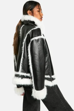 Outlet boohoo Faux Fur Trim Oversized Aviator Jacket black