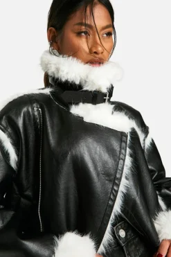 Outlet boohoo Faux Fur Trim Oversized Aviator Jacket black