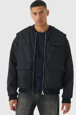 Online boohooMAN Faux Layer Utility Vest Bomber Jacket In black