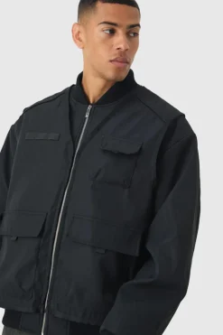 Online boohooMAN Faux Layer Utility Vest Bomber Jacket In black