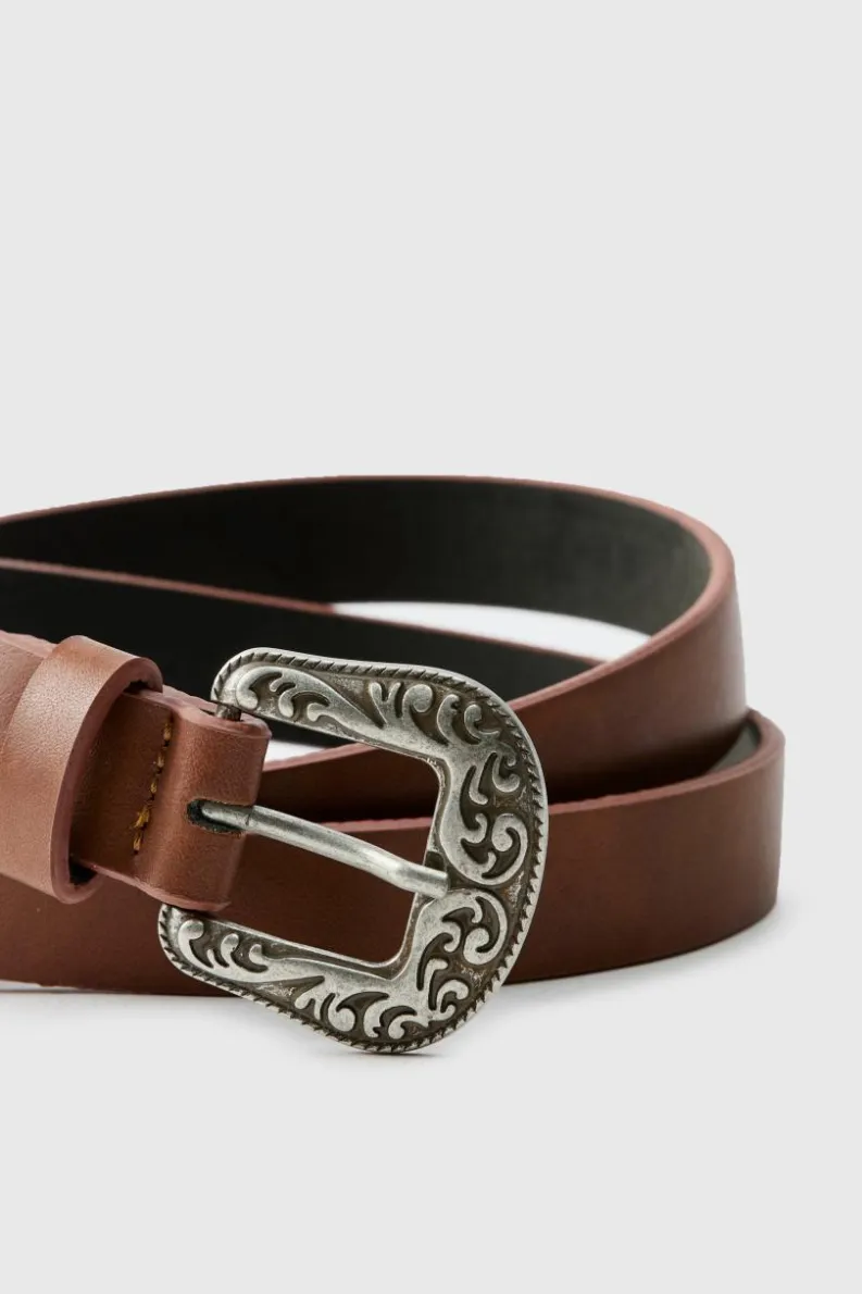 Fashion boohooMAN Faux Leather Belt With Western Buckle in brown