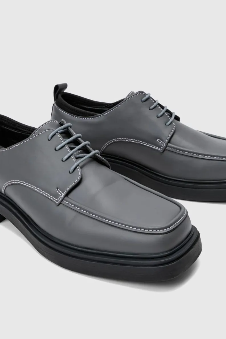 Online boohooMAN Faux Leather Contras Stitch Derby Shoes In grey