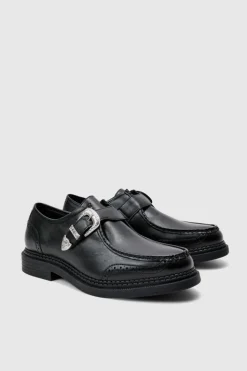 Flash Sale boohooMAN Faux Leather Derby Shoes With Western Buckle In black