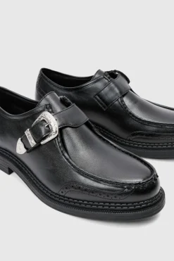 Flash Sale boohooMAN Faux Leather Derby Shoes With Western Buckle In black