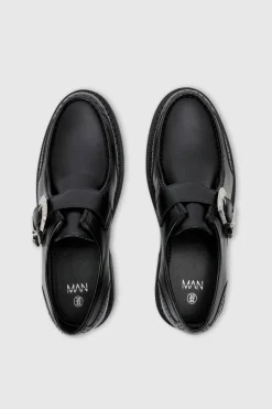 Flash Sale boohooMAN Faux Leather Derby Shoes With Western Buckle In black
