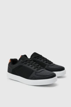 Online boohooMAN Faux Leather Panel Detail Trainer black