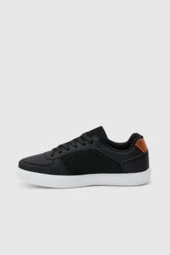 Online boohooMAN Faux Leather Panel Detail Trainer black