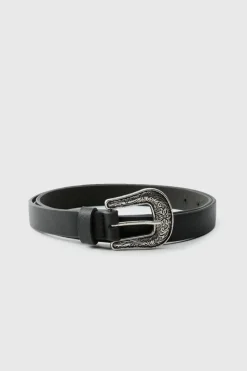 Outlet boohooMAN Faux Leather Textured Belt With Western Buckle black